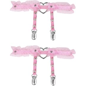 alisikee 2PCs Adjustable Lace Heart Thigh Garter with Anti-Slip Clasps, Elastic Leg Garter Belt for Women, Black/Pink