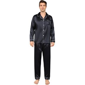 ShuiGod-Mens Silky Satin Pajamas Set Long Sleeve Top and Long pants Nightwear Button-Down Pj Sets Sleepwear