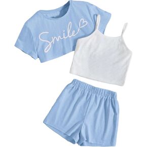 OYOANGLE Girl's 3 Pieces Summer Outfits Graphic Print Crop Tee Top and Cami Top with Shorts Set in Kuwait