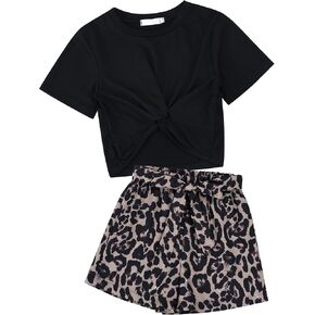 Huanye Girls 2 Piece Outfits Short Sleeve Twist Wrap Top and Tie Front Shorts Set