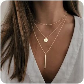 Gold Initial Layered Necklaces for Women, 14K Gold Plated Coin Letter Necklace Skinny Bar Stacking Necklace Coin Necklace Layer Necklace Multi Bar Layering Gold Choker Necklaces Jewelry for Women in Saudi Arabia