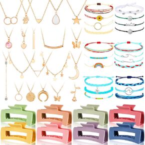 49 Pcs Jewelry Things for Teen Girls Cute Stuff Summer 21 Surfer Wave String Friendship Bracelets 20 Layered Choker Silver Gold Necklaces 8 Square Claw Hair Clips for Women Accessories (Charming)