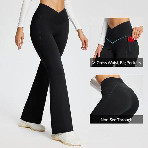 BALEAF Flare Leggings for Women Bootcut Yoga Pants Crossover High Waist Workout Casual Trendy Pants with Pockets Black 29'''' Large in Saudi Arabia