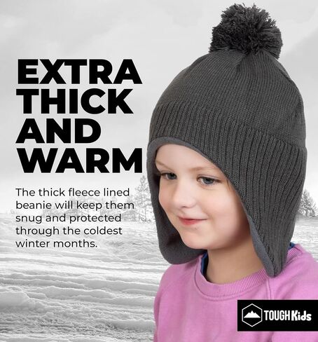 Tough Headwear Boys & Girls Ear Flap Beanie - Fleece Lined Beanie Kids, Toddler Winter Hat, Pom Pom Beanie Toddler Knit Cap in Kuwait