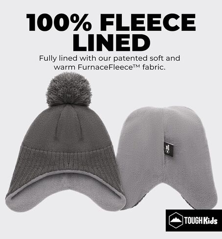 Tough Headwear Boys & Girls Ear Flap Beanie - Fleece Lined Beanie Kids, Toddler Winter Hat, Pom Pom Beanie Toddler Knit Cap in Kuwait