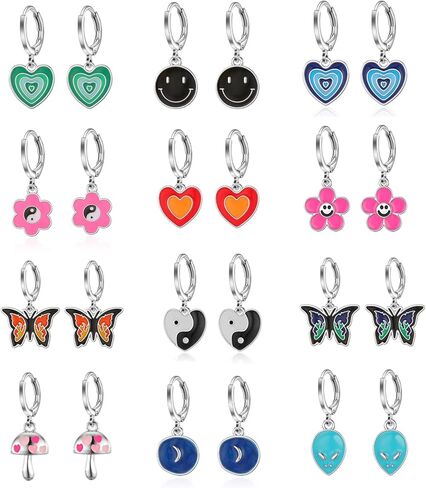 aganippe 12-16 زوجًا من الأقراط المتدلية المضادة للحساسية للفتيات Y2K أقراط للنساء متعددة الأقراط اللطيفة ذات الوجه المبتسم الثعلب الضفدع القلب زهرة الفراشة للأطفال in Kuwait