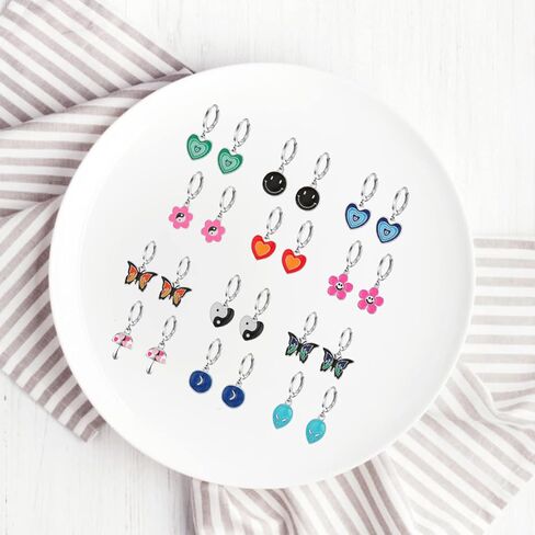 aganippe 12-16 زوجًا من الأقراط المتدلية المضادة للحساسية للفتيات Y2K أقراط للنساء متعددة الأقراط اللطيفة ذات الوجه المبتسم الثعلب الضفدع القلب زهرة الفراشة للأطفال in Kuwait