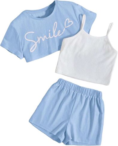 OYOANGLE Girl's 3 Pieces Summer Outfits Graphic Print Crop Tee Top and Cami Top with Shorts Set in Kuwait