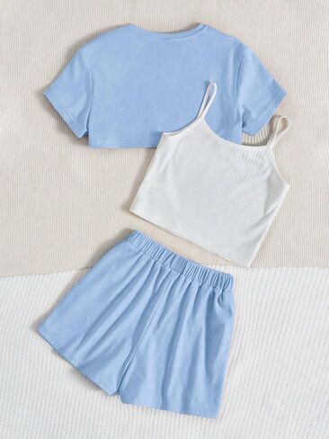 OYOANGLE Girl's 3 Pieces Summer Outfits Graphic Print Crop Tee Top and Cami Top with Shorts Set in Kuwait
