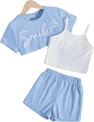 OYOANGLE Girl's 3 Pieces Summer Outfits Graphic Print Crop Tee Top and Cami Top with Shorts Set in Kuwait