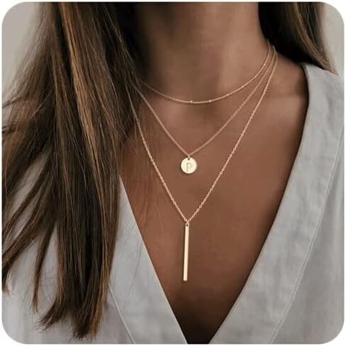Gold Initial Layered Necklaces for Women, 14K Gold Plated Coin Letter Necklace Skinny Bar Stacking Necklace Coin Necklace Layer Necklace Multi Bar Layering Gold Choker Necklaces Jewelry for Women in Kuwait