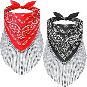 2 Pcs Disco Fringed Bandana Last Disco Party Paisley Bandanas Rhinestone Fringe Bandanas for Women Girls Western Party Favor