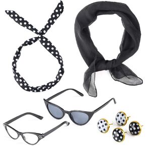 Beelittle 50's Costume Accessories Set 1950's Chiffon Scarf Cat Eye Glasses Bandana Tie Headband Drop Dot Earrings
