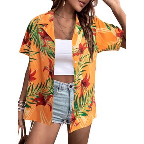 FLOYU Women's Hawaiian Shirt Tropical Button Down Outfits Hibiscus Flowers Blouses Beach Aloha V Neck Short Sleeve Shirt