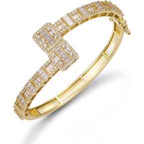 Lulu Mel Iced Out Baguette Diamond Bracelet Jewelry for Women, Hip Hop Mens 14k Gold Silver Plated Cubic Zirconia Bangle Bracelet, Girls Heart Cuff Bracelet With Jewelry Box