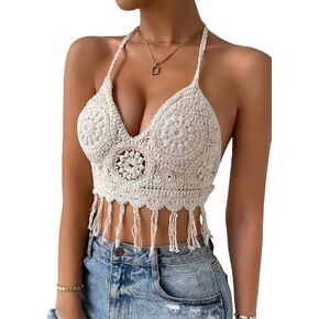 SHENHE Women's Crochet Push Up Bikini Tops Sleeveless Tassel Trim Halter Cami Tank Crop Tops