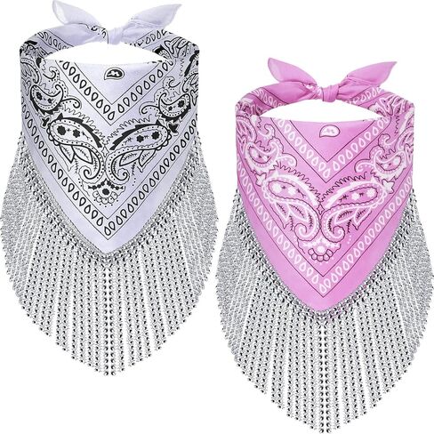 2 Pcs Disco Fringed Bandana Last Disco Party Paisley Bandanas Rhinestone Fringe Bandanas for Women Girls Western Party Favor in Kuwait