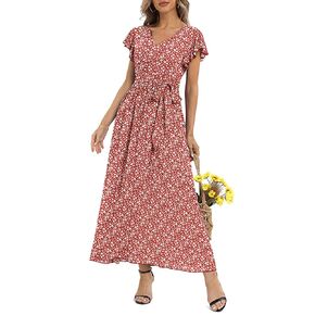 LILBETTER Women's Summer Floral V Neck Dress Ruffle Short Sleeves Casual Long Maxi Dresses in Saudi Arabia