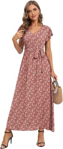 LILBETTER Women's Summer Floral V Neck Dress Ruffle Short Sleeves Casual Long Maxi Dresses in Saudi Arabia