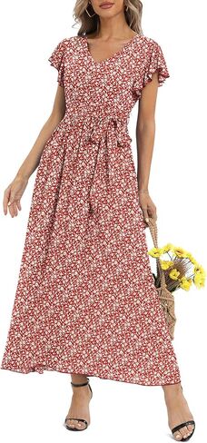 LILBETTER Women's Summer Floral V Neck Dress Ruffle Short Sleeves Casual Long Maxi Dresses in Saudi Arabia