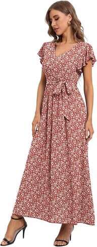 LILBETTER Women's Summer Floral V Neck Dress Ruffle Short Sleeves Casual Long Maxi Dresses in Saudi Arabia