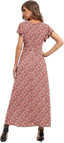 LILBETTER Women's Summer Floral V Neck Dress Ruffle Short Sleeves Casual Long Maxi Dresses in Saudi Arabia