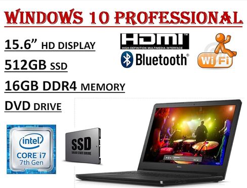 Dell Inspiron 15 5000 Series 5566, 15.6" HD Business Laptop ( 2018 Edition ) - Intel Core i7-7500U Processor - 16GB DDR4 RAM - 512GB SSD - DVDRW - WiFi+Bluetooth - Windows 10 Professional in Kuwait