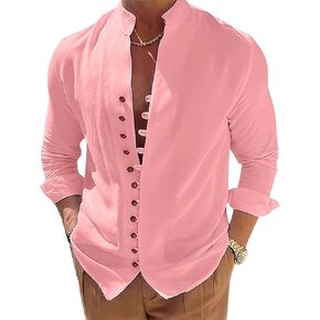 Mens Long Sleeve Linen Shirt Button up Loose fit Vintage Shirts Banded Collar high Elastic Tops Henley Shirt
