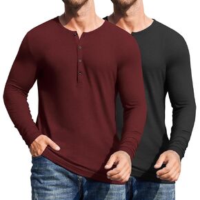 COOFANDY Men's 2Pack Slim Fit Henley Shirts Long Sleeve Lightweight Fashion Casual Cotton Basic T Shirts