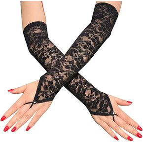 Latious Lace Gloves Black Fingerless Long Floral Gloves 1920s Party Prom Bridal Glove for Women and Brides Elbow Length
