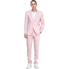 1PA1 Men's 2 Piece 100% Linen Suit Two Buttons Suit Jacket Blazer & Pants Solid Business Wedding Set