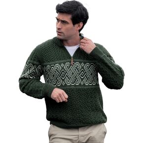Aran Crafts Men's Irish Cable Knit Half Zip Jacquard Sweater (100% Merino Wool)