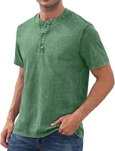 NITAGUT Mens Distressed Henley Shirts Retro Short Sleeve Cotton Tee Shirts Casual Button Down Washed T-Shirts in Kuwait