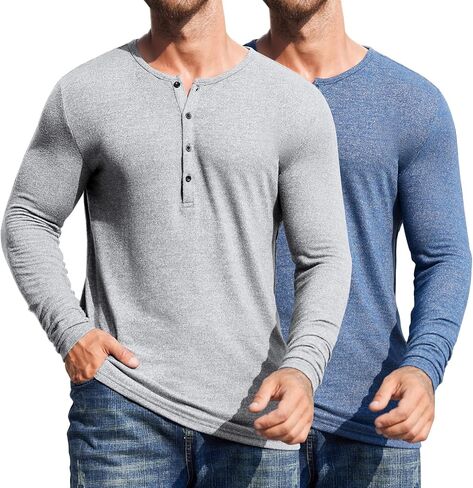 COOFANDY Men's 2Pack Slim Fit Henley Shirts Long Sleeve Lightweight Fashion Casual Cotton Basic T Shirts in Kuwait