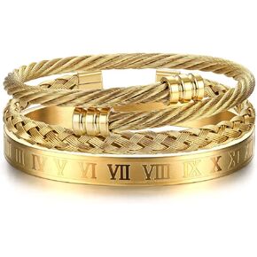 YADOCA 3Pcs Stainless Steel Bracelets for Men Roman Numeral Bangle Bracelet Adjustable Cuff Bracelet Twisted Cable Bracelet Mens Luxury Bracelets Jewelry Gifts Gold/Silver/Black
