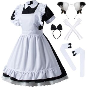 Wannsee Japanese Anime 6Pcs Lolita French Maid Apron Fancy Dress Cosplay Costume Gloves Headwear Socks set(Blue S)