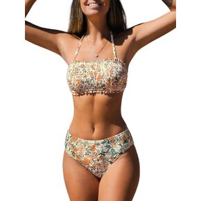 CUPSHE Bikini Set for Women Two Piece Swimsuit Bandeau Top Back Tie Mid Waisted Bottom with Removable Shoulder Straps in Kuwait