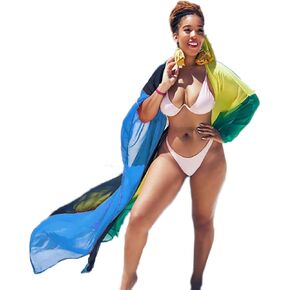 Bsubseach Plus Size Women Chiffon Beach Bikini Cover Up Colorful Splicing Kimono Cardigan