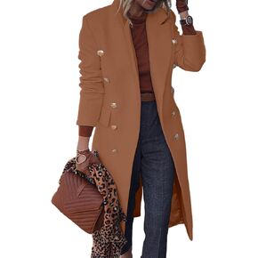 BZB Women's Elegant Notched Collar Double Button Slim Long Wool Blend Pea Coat Jacket