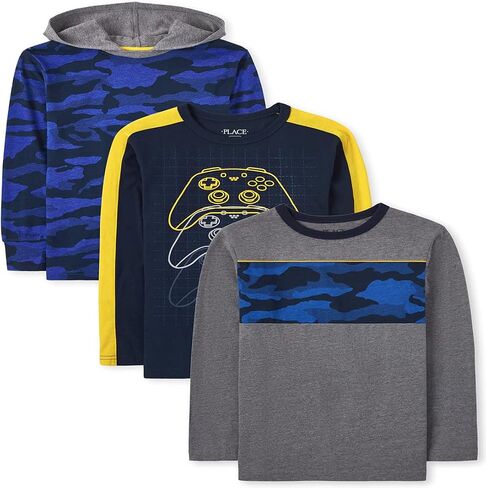 The Children's Place Boys' Long Sleeve Video Game Camo Hoodie Camp Striped Top 3-Pack in Saudi Arabia