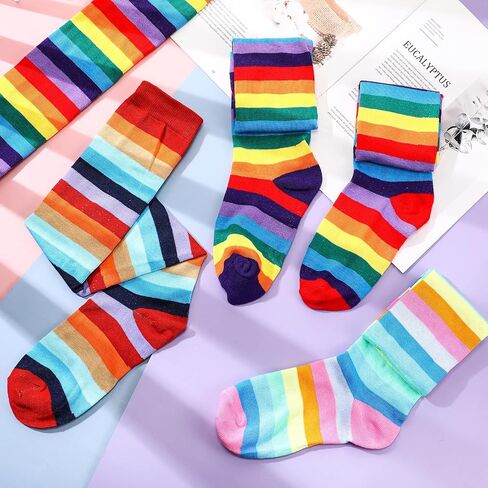 4 أزواج من جوارب الركبة بألوان قوس قزح، جوارب للركبة مخططة عالية الفخذ، جوارب مخططة بألوان قوس قزح للنساء من أزياء قوس قزح التنكرية الملونة للحفلات in Saudi Arabia
