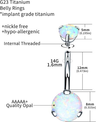 VOJO Belly Button Ring Navel Cubic Zircon Opal G23 Titanium Hypoallergenic Threaded 14G Diamond Body Piercing Jewelry Birthstone for Women in Kuwait