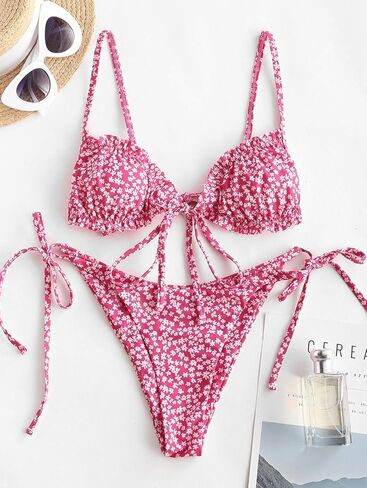 ZAFUL المرأة Ditsy الأزهار المطبوعة ملابس السباحة Underwire معقود سلسلة مثلث بيكيني عالية قطع صفيق مجموعة البكيني in Kuwait