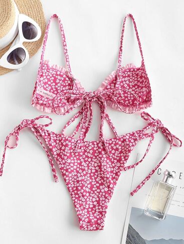 ZAFUL المرأة Ditsy الأزهار المطبوعة ملابس السباحة Underwire معقود سلسلة مثلث بيكيني عالية قطع صفيق مجموعة البكيني in Kuwait