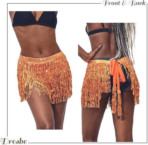 DRESBE Sequin Fringe Skirt Sparkly Belly Dance Hip Scarf Tassel Waist Wrap Belt Skirts Party Rave Costume for Women and Girls in Kuwait