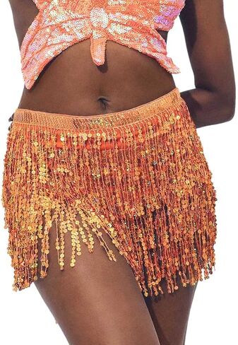 DRESBE Sequin Fringe Skirt Sparkly Belly Dance Hip Scarf Tassel Waist Wrap Belt Skirts Party Rave Costume for Women and Girls in Kuwait