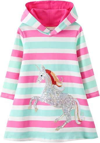 HILEELANG Girls Hooded Dress Winter Warm Fleece Long Sleeve Cotton Casual Hood kangaroo pocket Sweatshirt Dress 2-12 Years in Kuwait