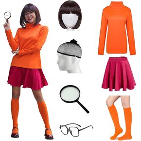 FIHCH Velma Costume Adult Orange Halloween Costumes Sexy Women Cosplay Set Red Skirt Socks with Wig and Glasses