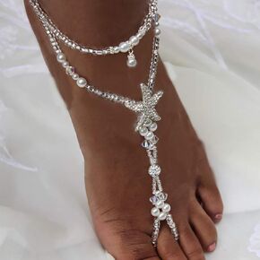 Woeoe Boho Crystal Anklet White Starfish Ankle Chains Beach Pearl Barefoot Sandals Ankle Bracelet Summer Foot Chain Jewelry for Women and Girls