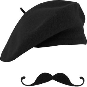 IZUS Adult French Beret Hat and Mustache Mime Artist Party Hats Birthday Fancy Costume Cosplay Caps Halloween